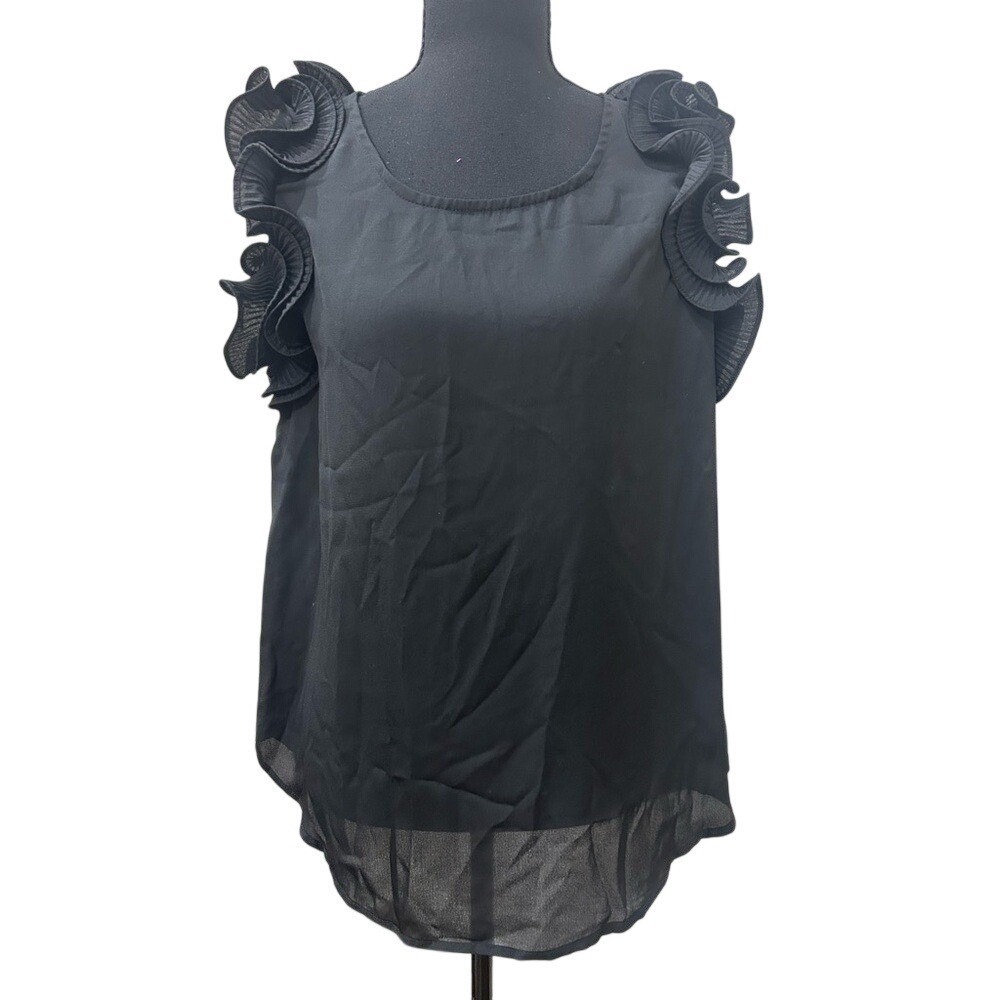 NWT Umgee Black Sleeveless Top 3D Floral Ruffle‎ Shoulder Boho-Chic Blouse